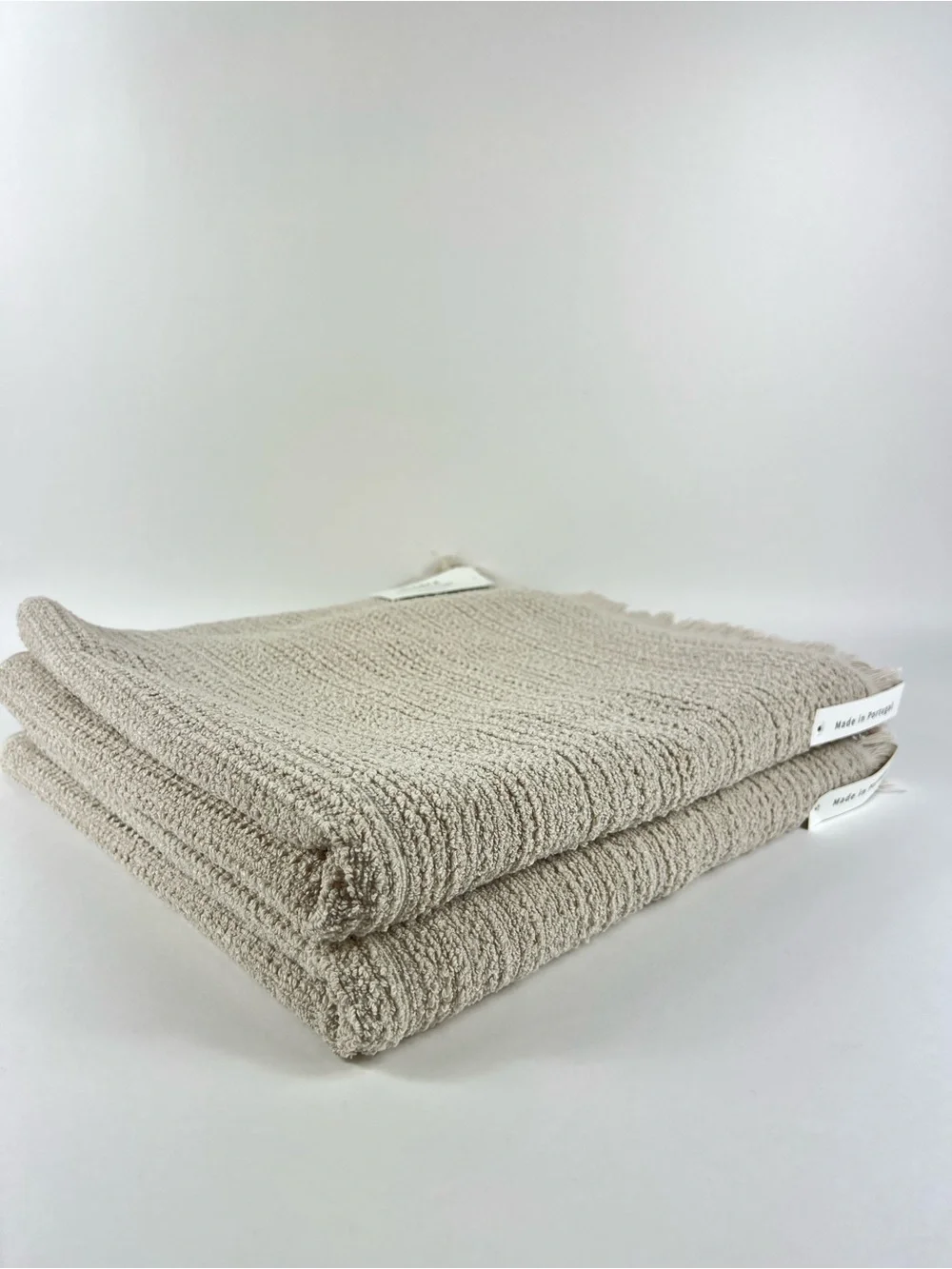 Bianca Bath Towel Set Tan with Fringe Textured Cotton Made in Portugal 4 Pc NEW